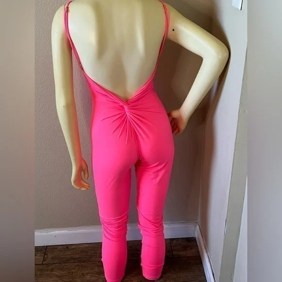 Boutique Neon Bright Pink Jumpsuit Spaghetti Straps Scrunch Butt XS S M OS - Picture 2 of 2
